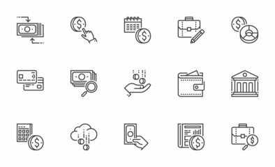 Set of Vector Line Icons Related to finance. Cash, Banking, Financial Services, Money Management. Editable Stroke. 64x64 Pixel Perfect.