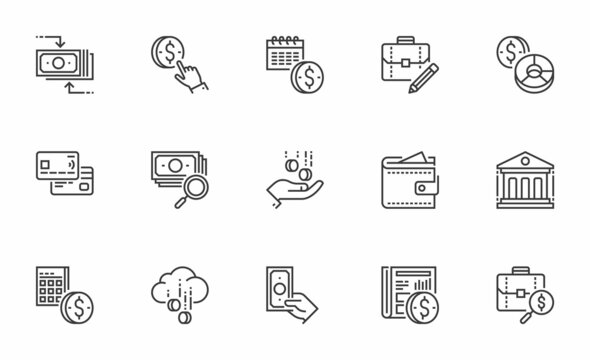 Set of Vector Line Icons Related to finance. Cash, Banking, Financial Services, Money Management. Editable Stroke. 64x64 Pixel Perfect.
