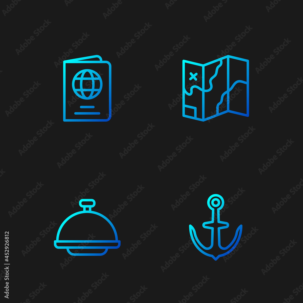 Poster set line anchor, covered with tray, passport and folded map. gradient color icons. vector