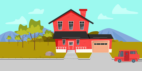 Family house vector illustration. Flat tiny modern property. Happy everyday daily routine situation scene with harmony relationship. simple mountain home design