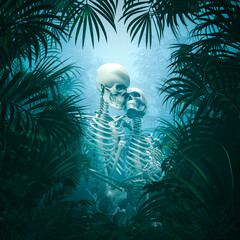 Gothic garden of Eden - 3D illustration of embracing male and female skeleton lovers surrounded by lush tropical jungle - obrazy, fototapety, plakaty
