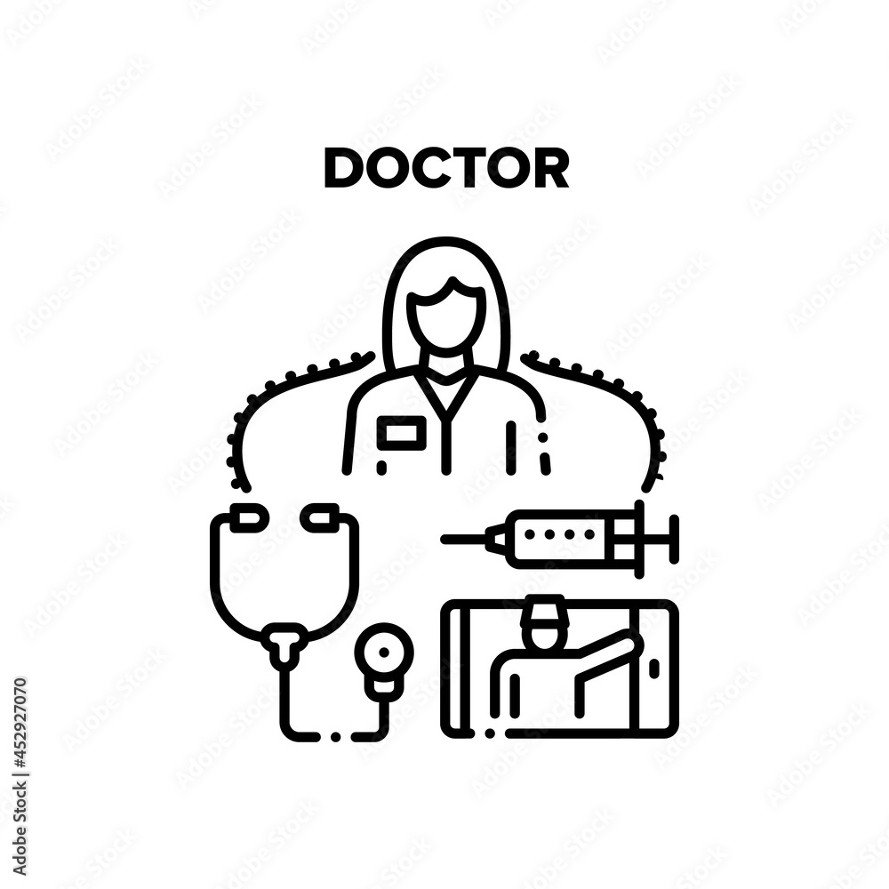 Wall mural Doctor Worker Vector Icon Concept. Woman Doctor Worker With Stethoscope Tool For Examination Patient And Syringe For Make Injection With Medicaments. Online Consultation Phone App Black Illustration