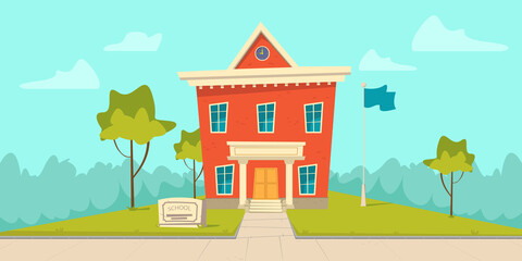 Bright beautiful flat illustration of school building for banner or poster design. Vector modern school illustration