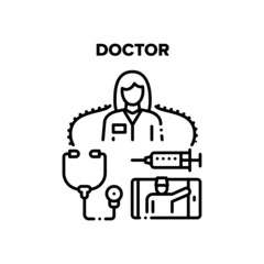 Doctor Worker Vector Icon Concept. Woman Doctor Worker With Stethoscope Tool For Examination Patient And Syringe For Make Injection With Medicaments. Online Consultation Phone App Black Illustration
