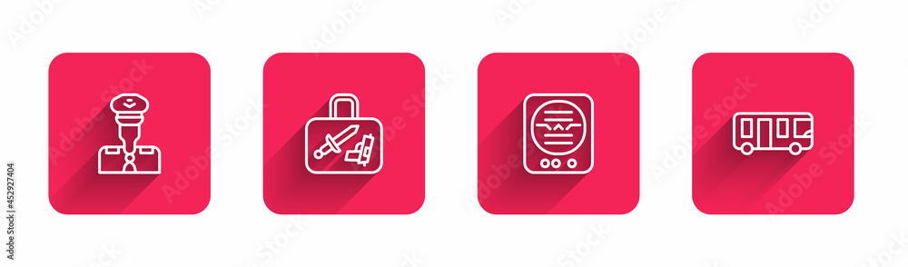 Poster set line pilot, suitcase, attitude indicator and airport bus with long shadow. red square button. ve
