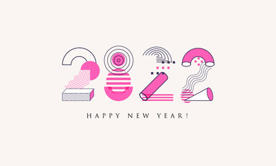 Happy New Year 2022 memphis design. 20 22 numbers geometric shapes for celebration and season art vintage decoration for xmas holidays branding, new year banner, 2022 calendar cover, greeting card