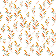 Abstract branches, leaves. Background or print for greeting cards, textiles or wrappers. Seamless pattern, vector in a flat style, with decorative flowers on a white background.