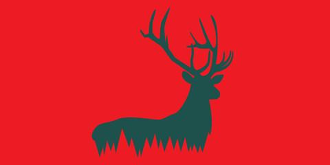 Christmas deer. Background christmas trees. Deer on red background with background of fir trees or christmas trees. Merry Christmas banner