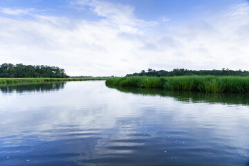 Morning sun and blue sky reflected in a centered view of a lush green salt marsh waterway near Charleston South Carolina, horizontal aspect
