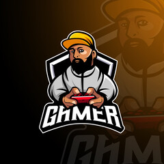 Gamer mascot logo design vector with modern illustration concept style for badge, emblem and t shirt printing. Bearded gamer for gaming, team or sports © Artchilles