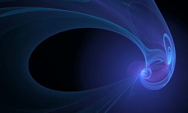 Abstract 3d digital loop in purple blue luminescent light in deep dark space creating frame or portal into infinity. Great as sci fi cover, design element, technological background or banner.