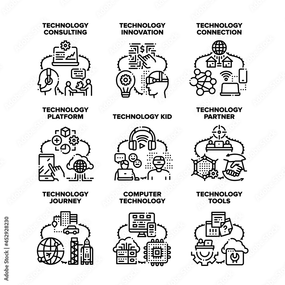 Poster computer technology set icons vector illustrations. computer technology and innovation platform, par