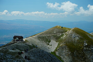 Mountain ridge and Duca degli Abruzzi shelter over Mount Aquila in Gran Sasso National Park, Campo...
