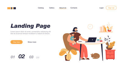 Young mother working online at home with kid. Flat vector illustration. Woman holding baby, sitting at desk and working on computer. Workplace, maternity, freelance concept for banner design