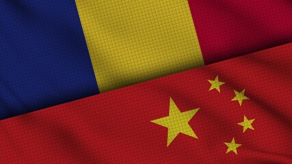 Romania and China Flags Together, Wavy Fabric, Breaking News, Political Diplomacy Crisis Concept, 3D Illustration