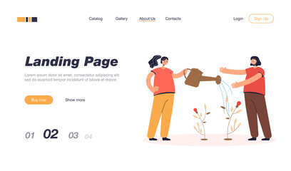 Girls watering small idea tree. Female character with big watering can, lightbulb plant flat vector illustration. Teamwork, development, startup concept for banner, website design or landing web page