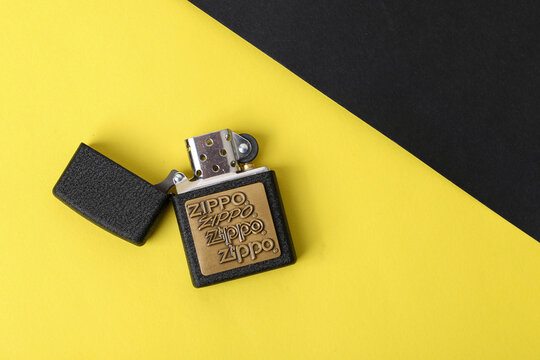 Jeddah Saudi Arabia  August 25 2021:  Zippo lighter on a colored background retro lighter Flat lay and copy space top view.