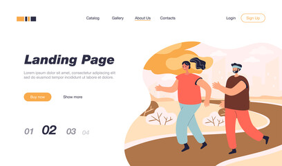 Happy couple running together in park. Male and female cartoon persons jogging in summer flat vector illustration. Healthy lifestyle, fitness concept for banner, website design or landing web page