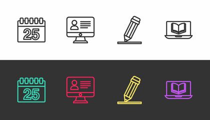 Set line Calendar, Online class, Pencil with eraser and on black and white. Vector