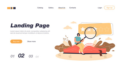 Happy tiny woman reading good book and giving feedback flat vector illustration. Cartoon character doing research on book quality. Literature analysis and satisfaction concept