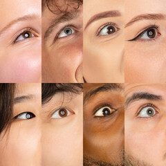 Fototapeta premium Collage of open eyes of young multiethnic men and women on multicolored background. Composite image made of 8 models. Concept of youth, unity, equality and diversity