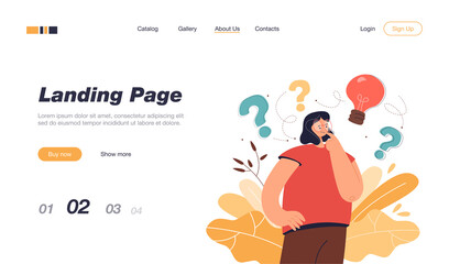 Woman thinking about idea flat vector illustration. Cartoon female character with questions marks and light bulb above head wondering. Business solution and problem solving concept