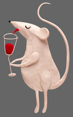 white mouse, in love celebrating with red wine, plasticine, modeling