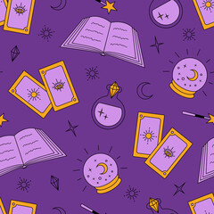 magic and divination bright seamless pattern with tarot cards on a violet background in flat style - obrazy, fototapety, plakaty