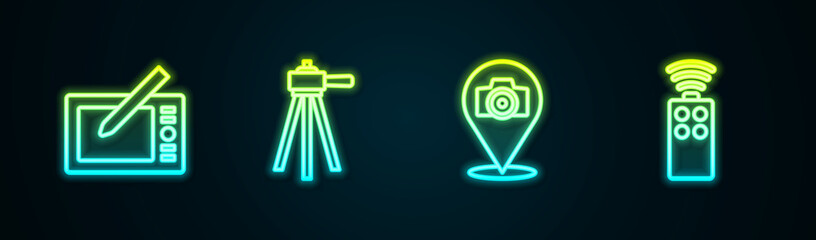 Set line Graphic tablet, Tripod, Photo camera and Remote control for. Glowing neon icon. Vector