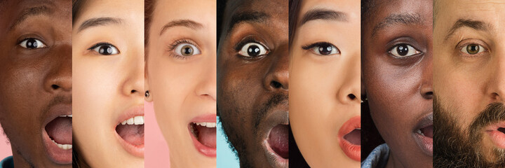 Cropped portraits of young multiethnic men and women on multicolored background. Collage made of 7...