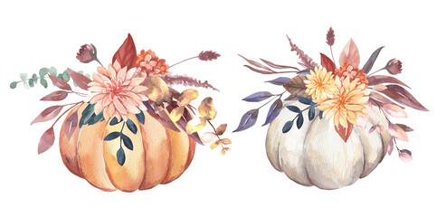 Watercolor Thanksgiving invitations bouquets with hand painted pumpkins, pink flowers. Romantic floral bouquet perfect for wedding greeting cards, invitation. High quality illustration