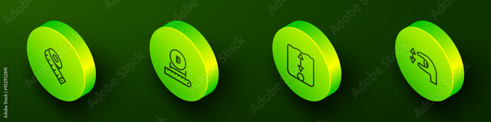 Poster set isometric line measuring tape, diameter, depth measurement and approximate measurements icon. ve