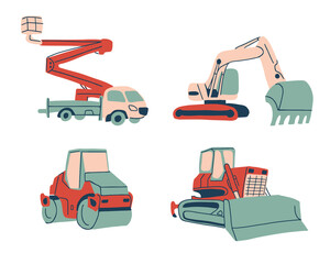 Set of special machinery. Collection of cartoon style special cars: crane truck, excavator, road roller and bulldozer