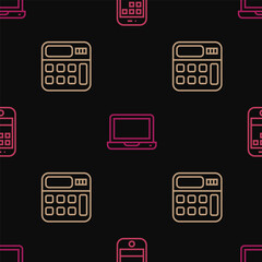 Set line Smartphone, Calculator and Laptop on seamless pattern. Vector