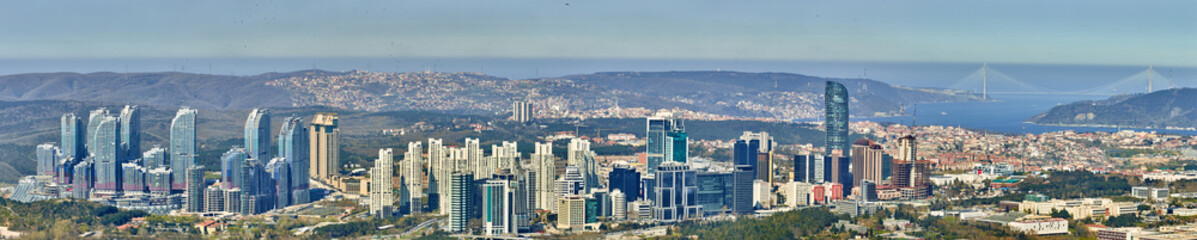 Istanbul, Turkey - April 3, 2017: Skyscrapers in the Maslak. Shooting through the glass. Retro style.