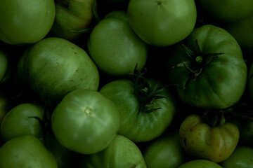 Green tomato (unripe) in wicker basket on wooden background. Unripe green tomato in bowl for fried dish or salted pickled vegetables. Raw green tomato on table for dinner