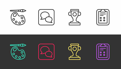 Set line Paint brush with palette, Speech bubble chat, Award cup and Exam sheet check mark on black and white. Vector