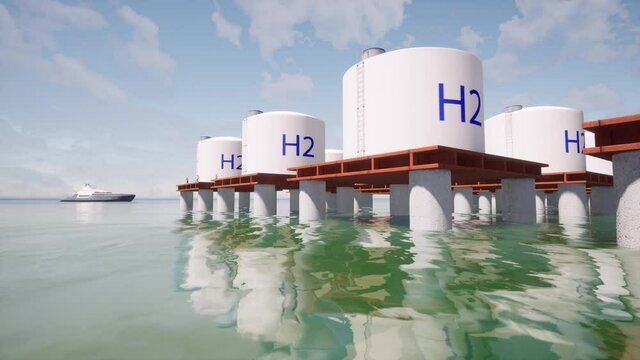 Platforms in the ocean Hydrogen h2 sea. Energy storage system Sustainable Clean Renewable energy 4k