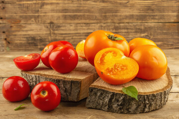 Assorted ripe tomatoes on a wooden stand. Fresh red and orange organic vegetables