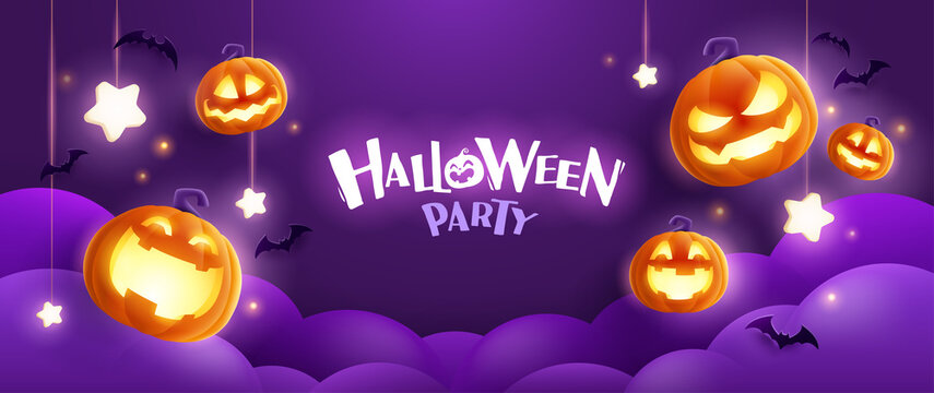 Happy Halloween. Group of 3D illustration glowing pumpkin on treat or trick fun party celebration purple background design.