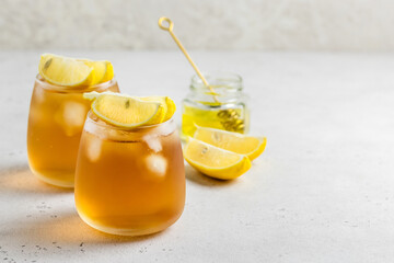 Refreshing summer party drink iced tea. Space for text.