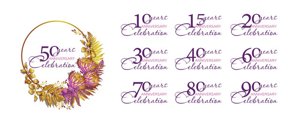 Set of anniversary logo in gold frame of flowers for holiday event, wedding, birthday, anniversary, greeting card and invitation.