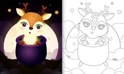 coloring book with a cute deer in the witch cauldron
