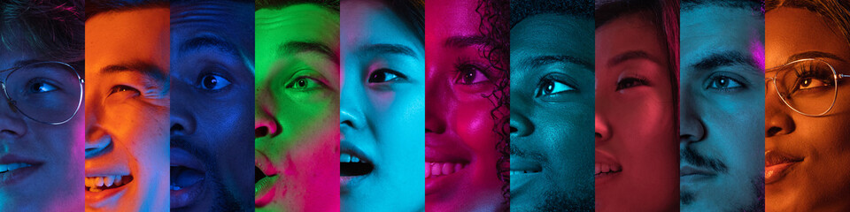 Cropped portraits of group of people on multicolored background in neon light. Collage made of 6 models
