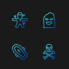 Set line Skull on crossbones, Coffin with, Voodoo doll and Funny and scary ghost mask. Gradient color icons. Vector