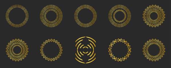 Collection of black backgrounds and golden geometric elements. Set of labels, icons, logos and seamless patterns. Templates with luxury foil for packaging