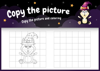 copy the picture kids game and coloring page with a cute husky dog using halloween costume