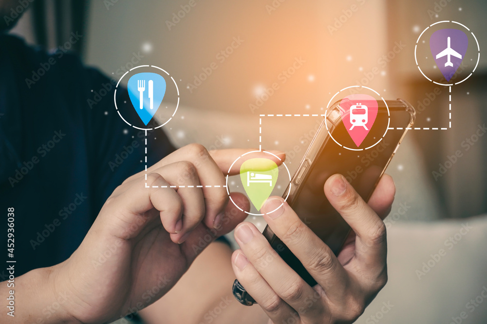 Poster people use smartphone and icon of location in location search and travel concept, map search.