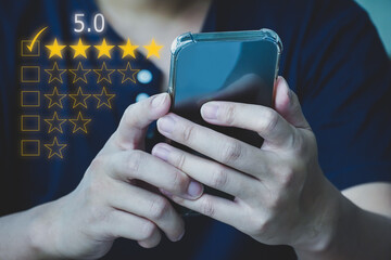 Customer review good rating concept, customer review by five star feedback, positive customer feedback testimonial, online feedback.