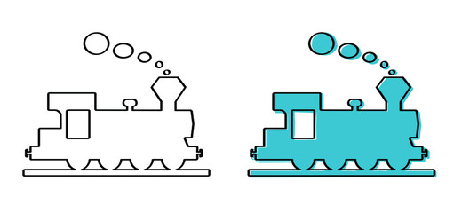 Naklejka premium Cartoon old train station. steam train Locomotive with smoke or clouds. Flat vector railway pictogram. Old fashioned icon. Railway station sign